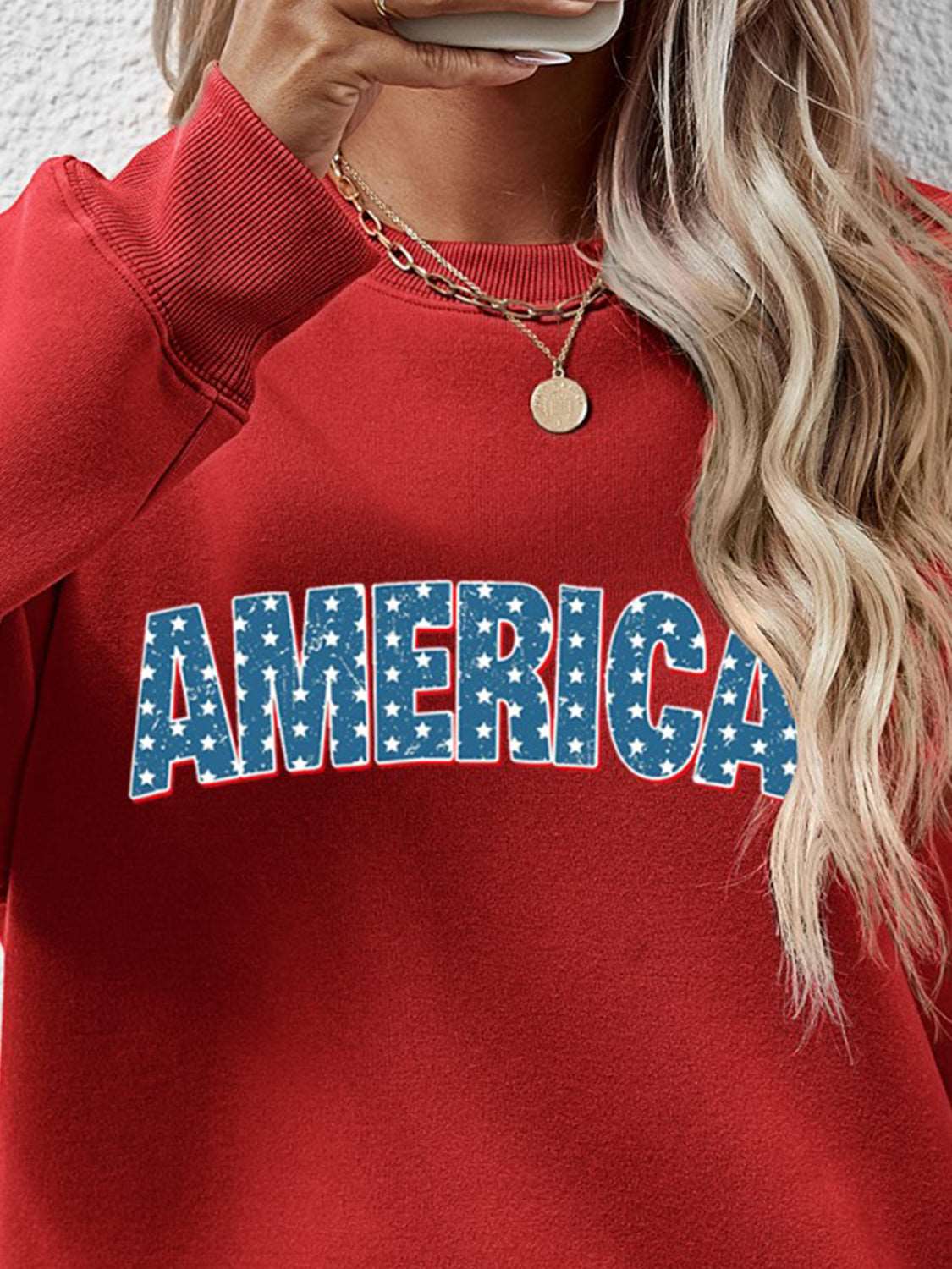 Deep Red AMERICA Round Neck Dropped Shoulder Sweatshirt