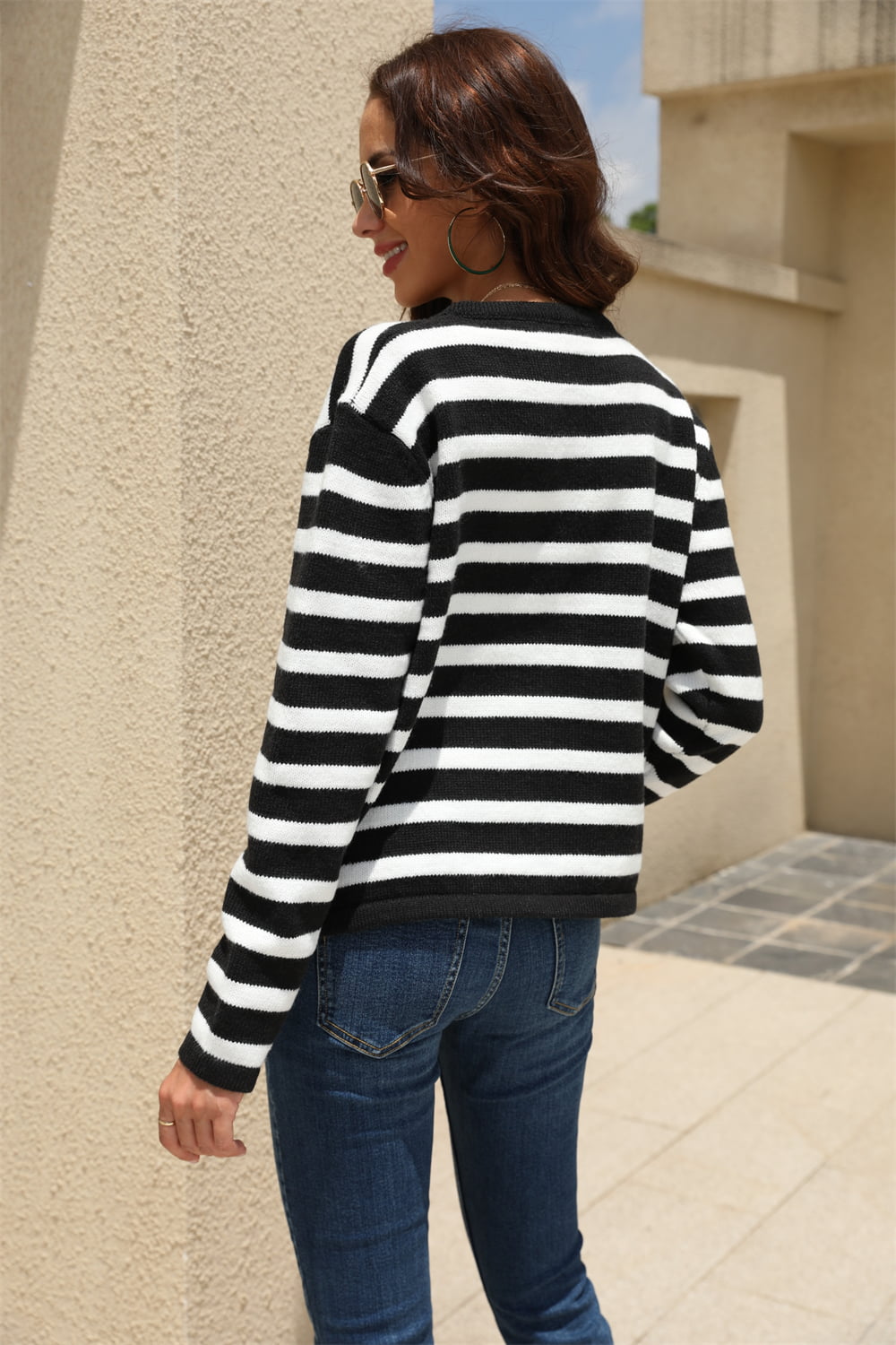 Striped Round Neck Button-Down Dropped Shoulder Cardigan