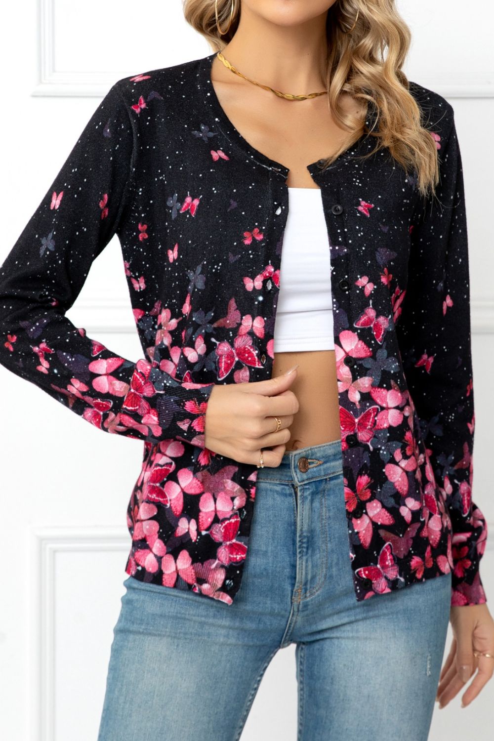 Woven Right Floral Button Front Round Neck Cardigan