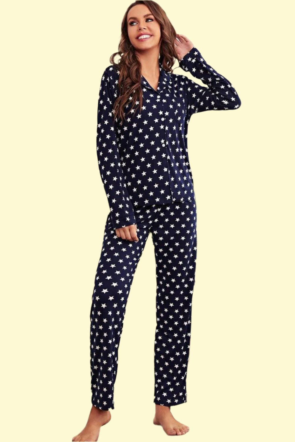 Star Print Button-Up Shirt and Pants Lounge Set