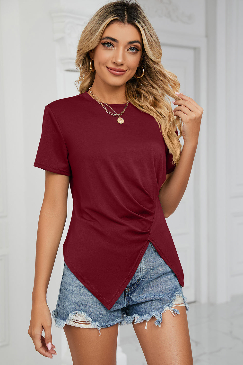 Ruched Round Neck Short Sleeve T-Shirt