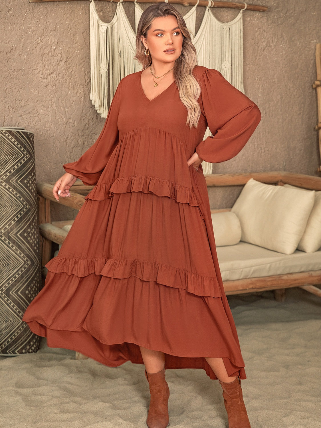 Plus Size Ruffled V-Neck Balloon Sleeve Dress