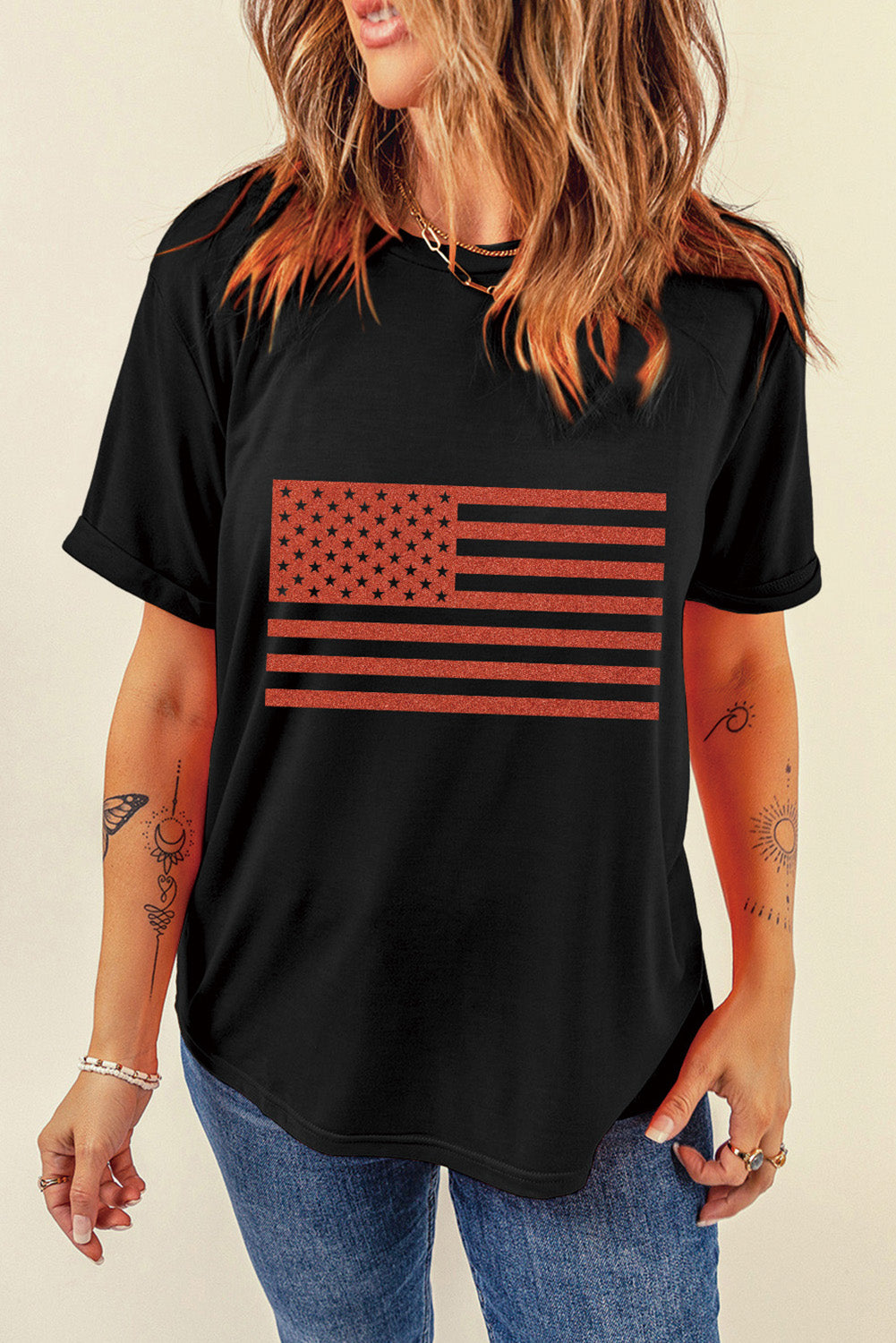 US Flag Round Neck Short Sleeve T-Shirt