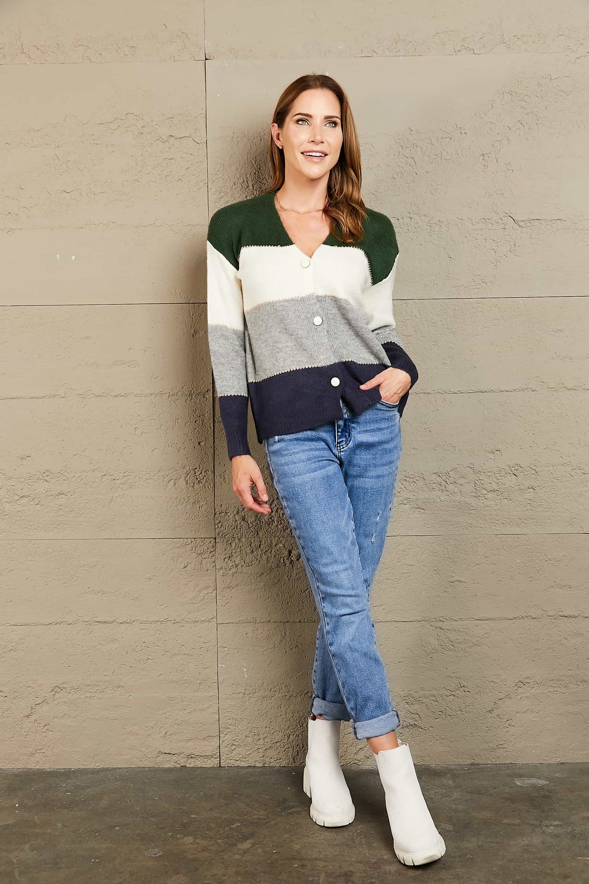 Woven Right Color Block V-Neck Button Down Cardigan