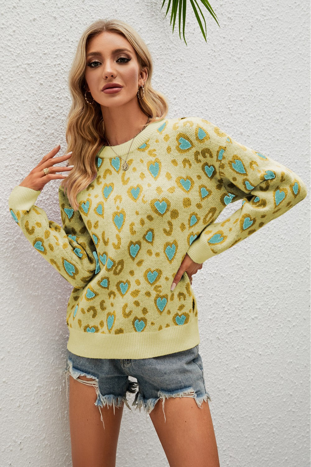 Heart Round Neck Dropped Shoulder Sweater