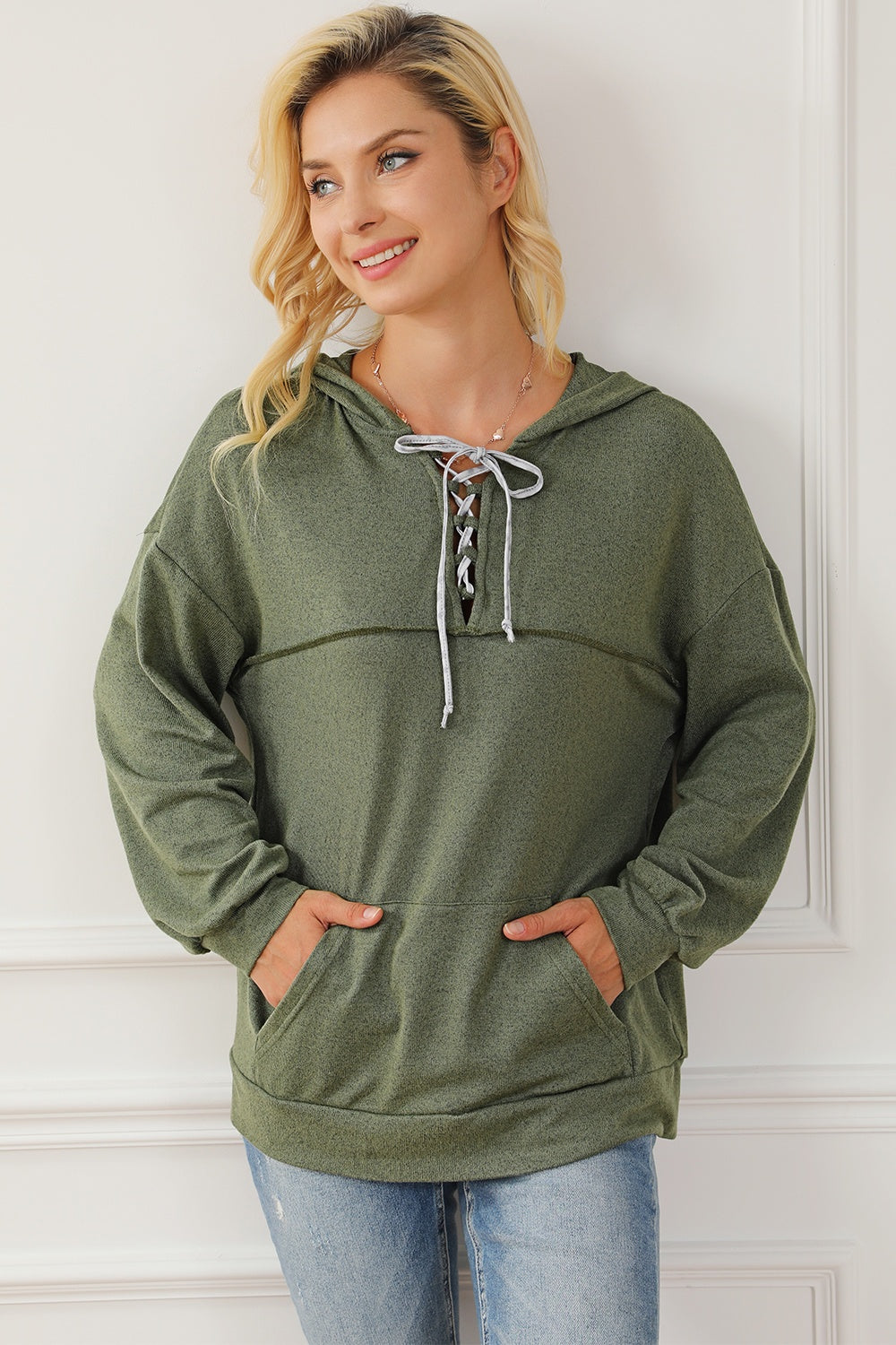 Lace-Up Exposed Seam Hoodie with Pocket