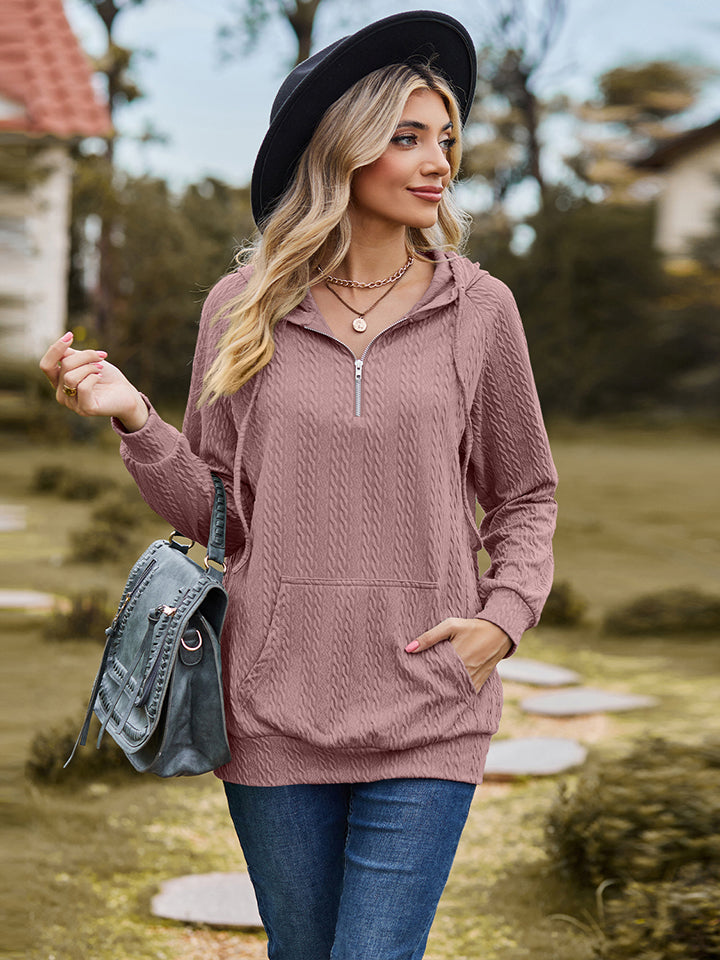 Cable-Knit Zip-Up Hooded Blouse