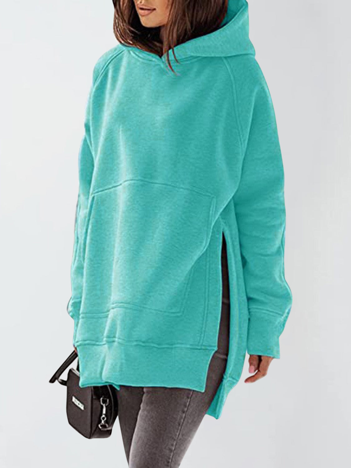 Slit Pocketed Raglan Sleeve Hoodie