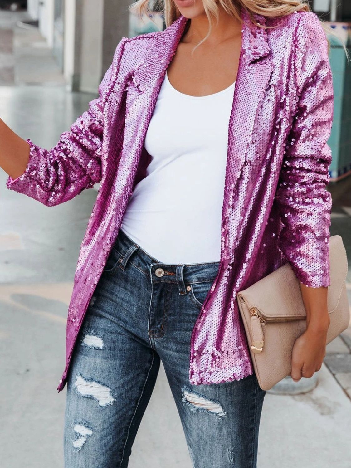 Sequin Lapel Collar Long Sleeve Blazer