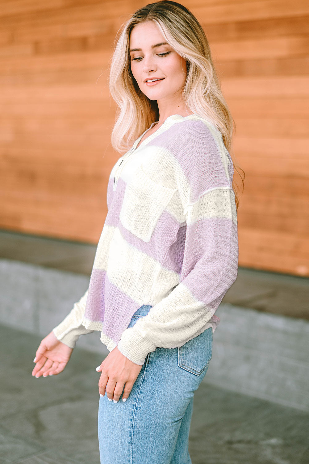 Notched Neck Color Block Dropped Shoulder Knit Top