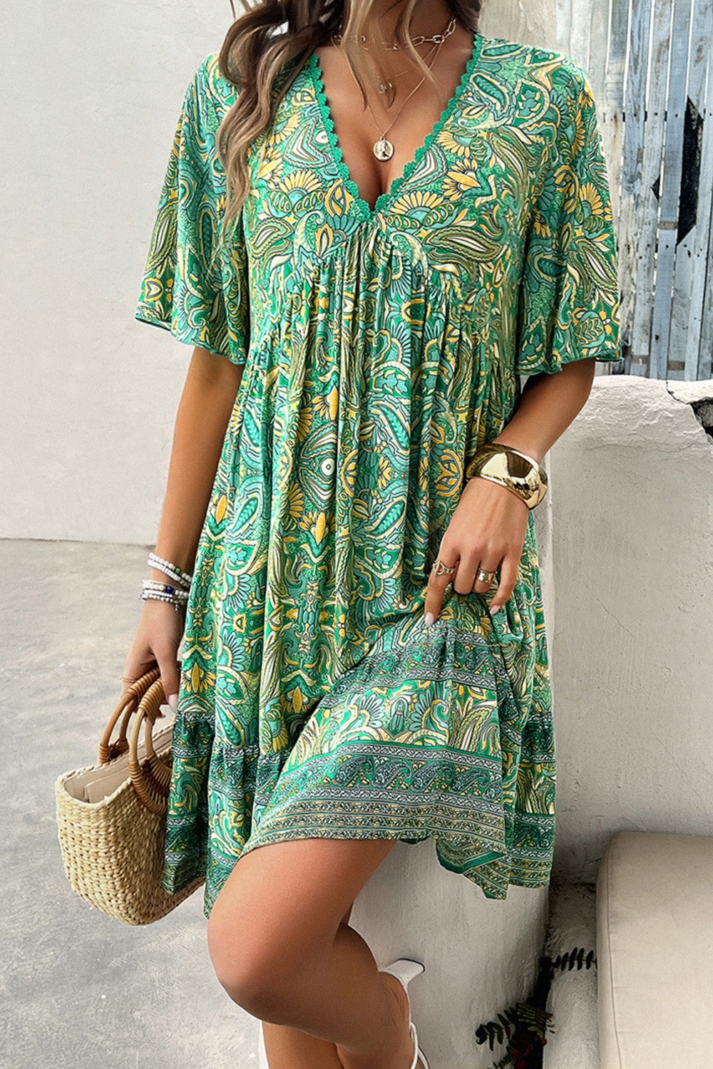 Devine Printed V-Neck Half Sleeve Mini Dress