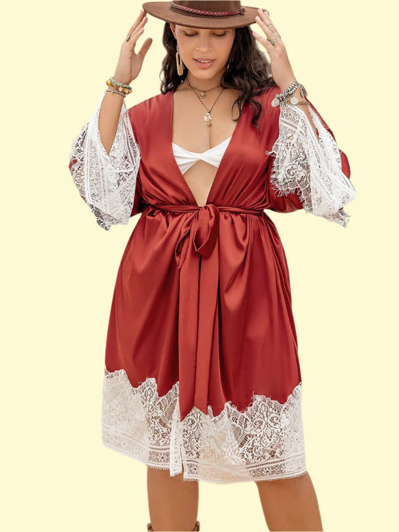 Plus Size Lace Patchwork Tie Front Robe