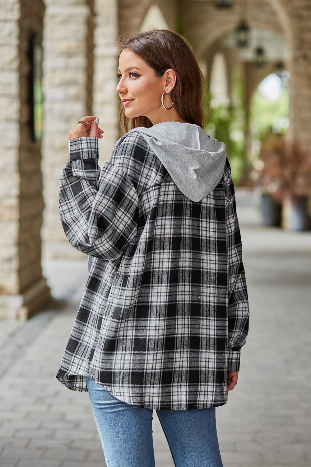 Plaid Long Sleeve Hooded Jacket