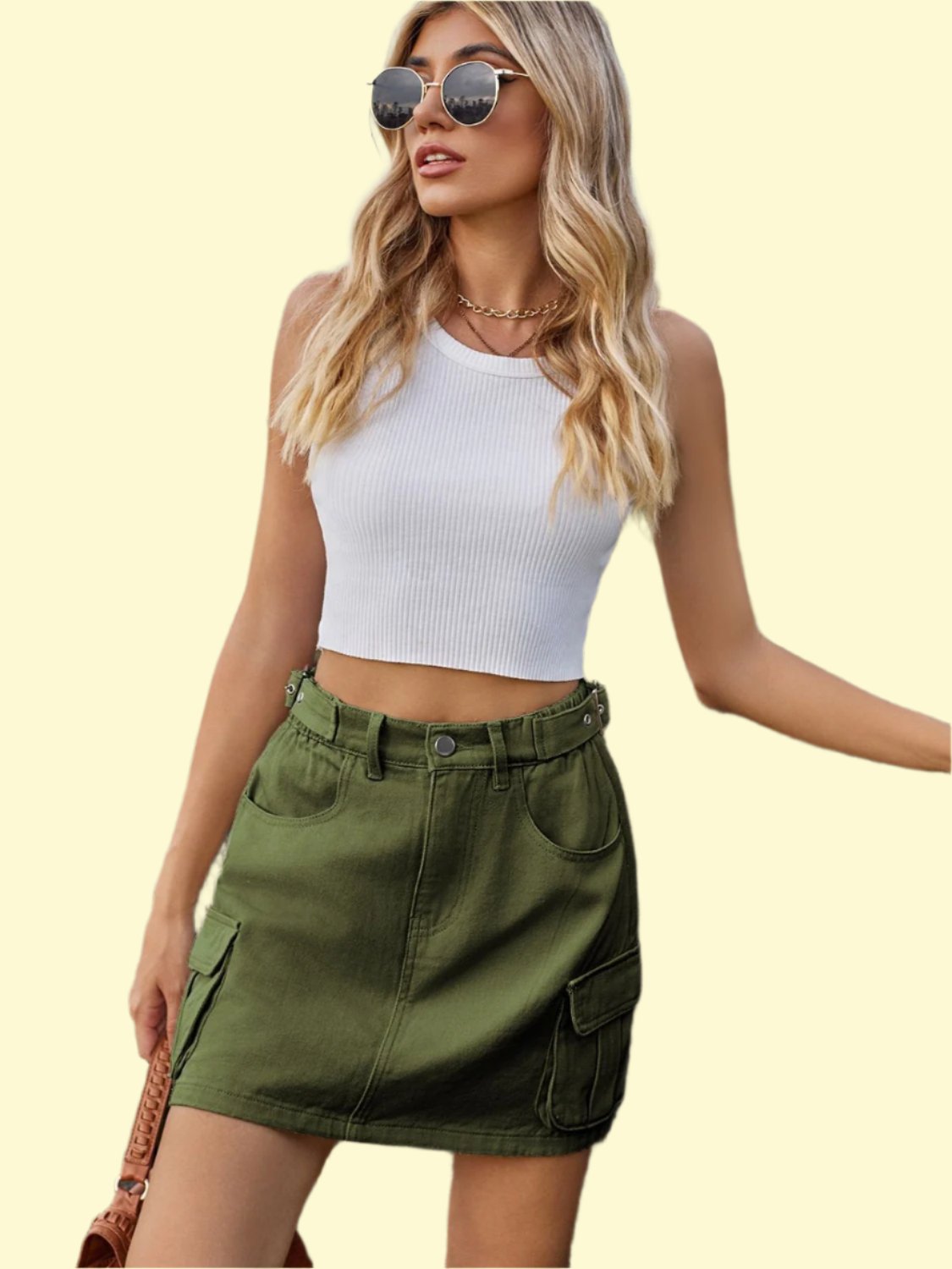 Army green denim button down skirt