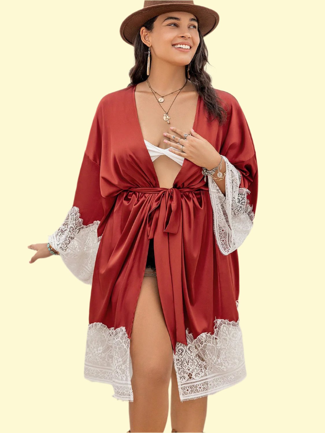 Plus Size Lace Patchwork Tie Front Robe