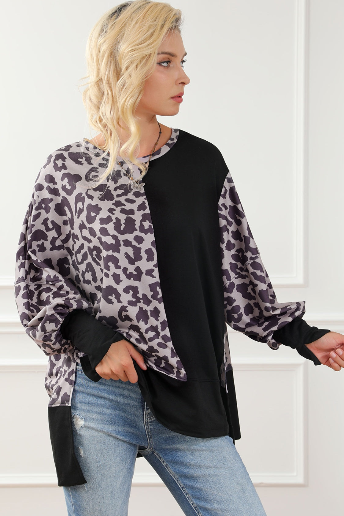 Leopard Round Neck Lantern Sleeve Slit Sweatshirt