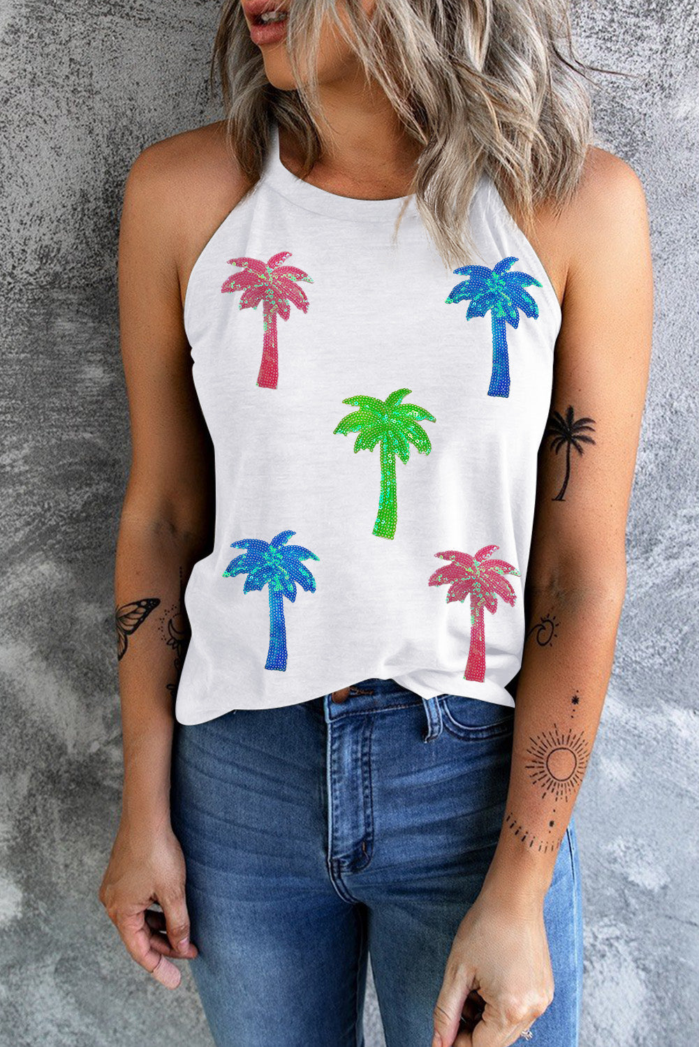 Sequin Coconut Tree Round Neck Tank