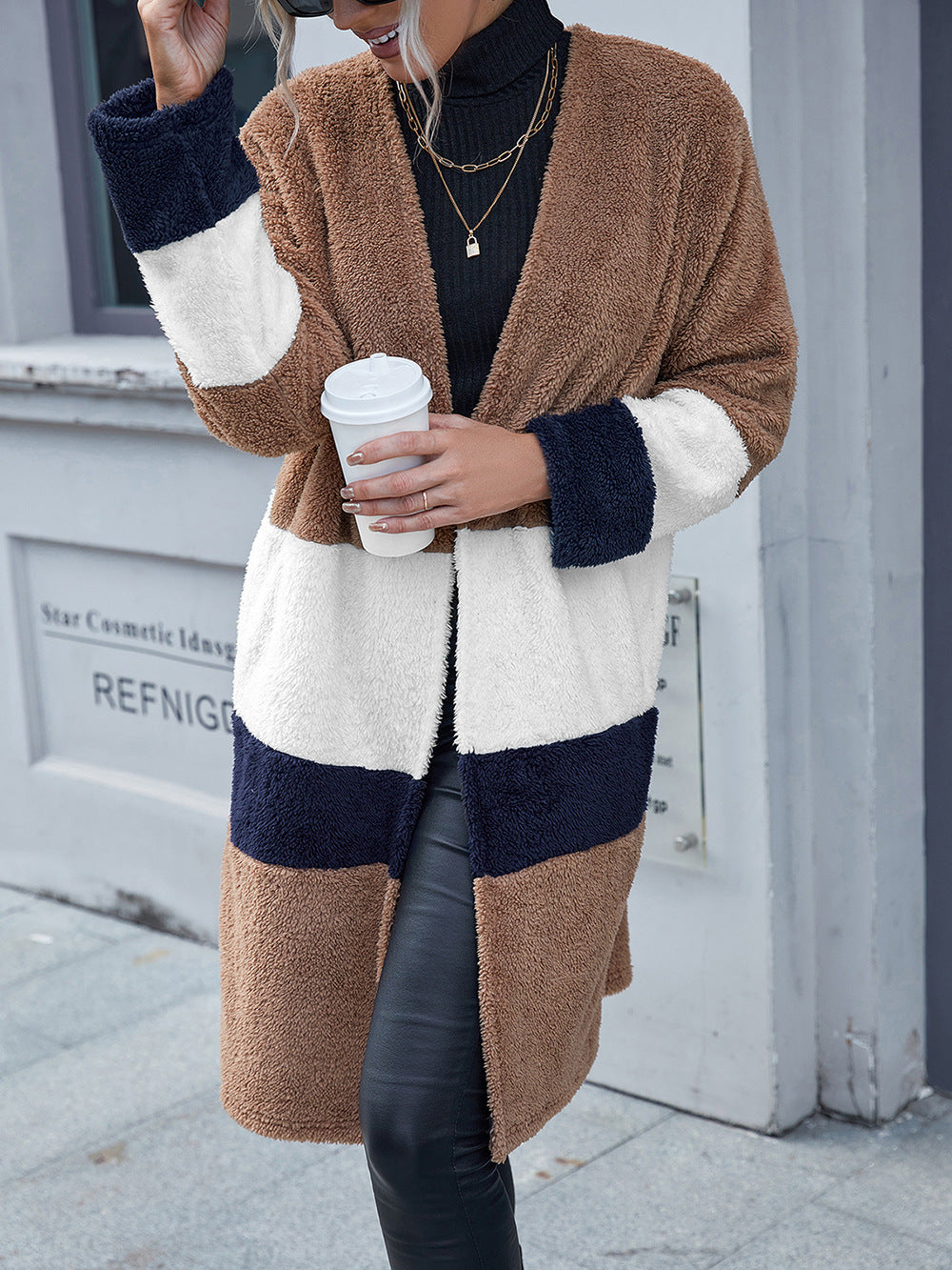 Tricolor Open Front Fuzzy Longline Cardigan