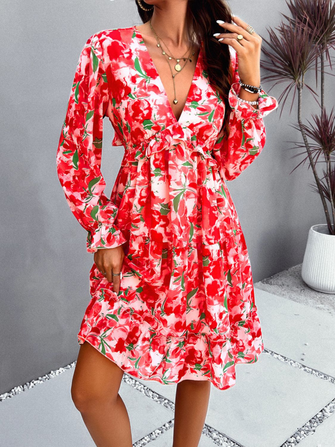 Devine Backless Printed V-Neck Flounce Sleeve Dress