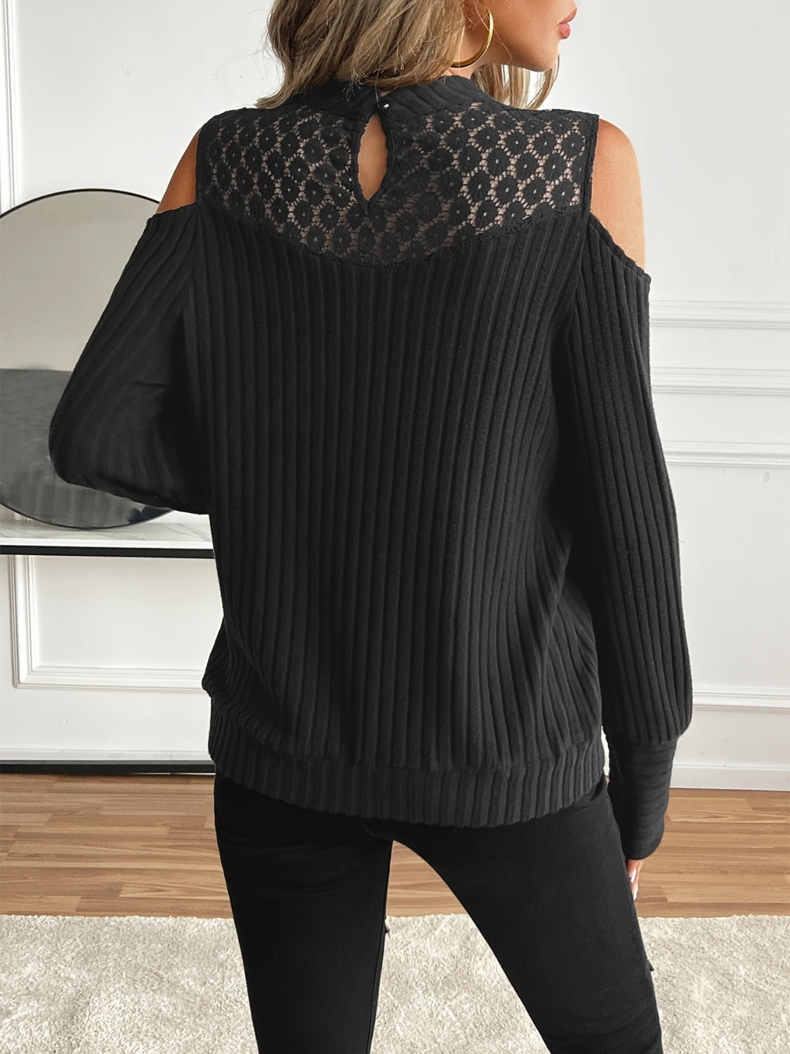 Lace Detail Mock Neck Cold Shoulder T-Shirt