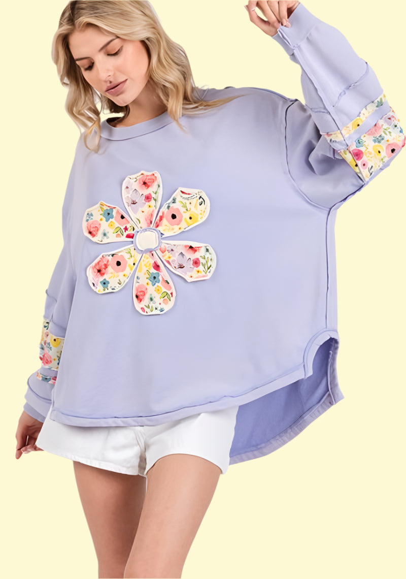 Daisy appliqué high-low lavender sweatshirt 