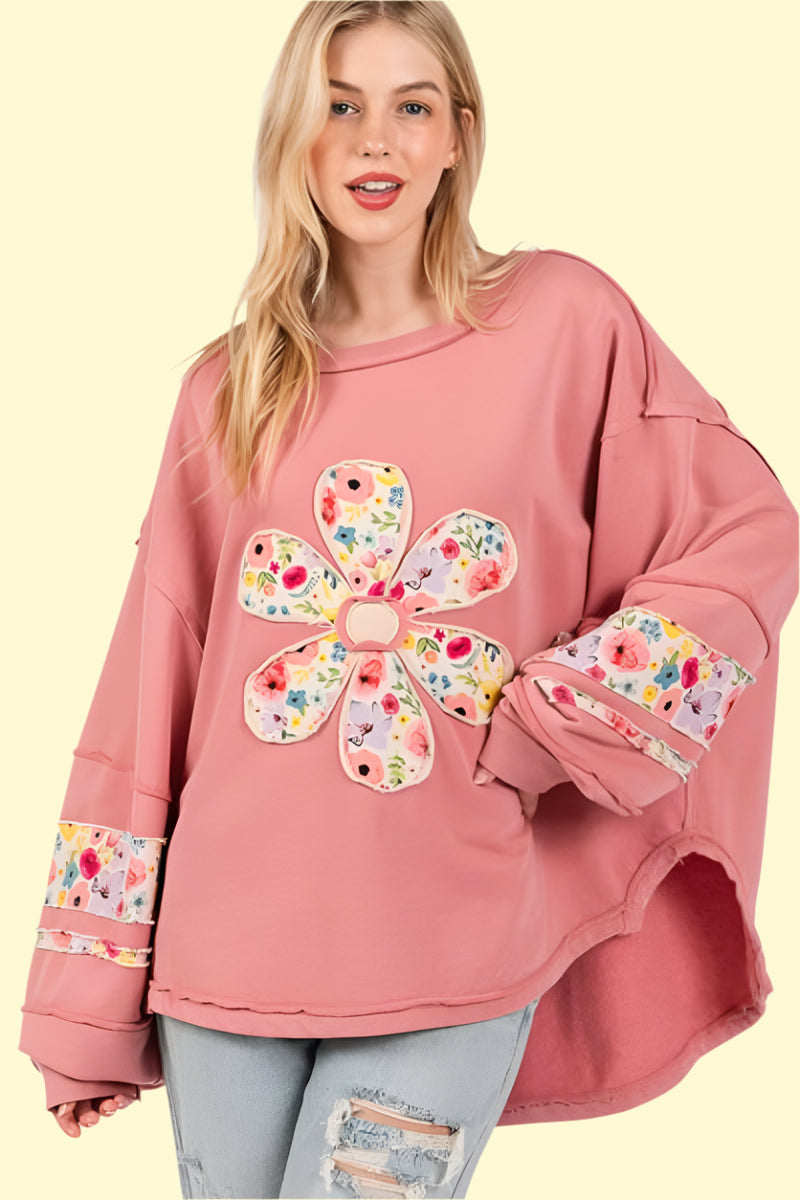 Daisy appliqué high-low pink sweatshirt