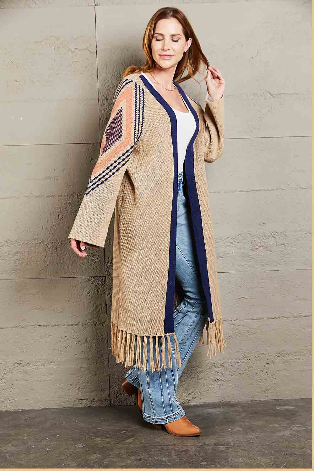 Geometric Fringe Hem Open Front Duster Cardigan