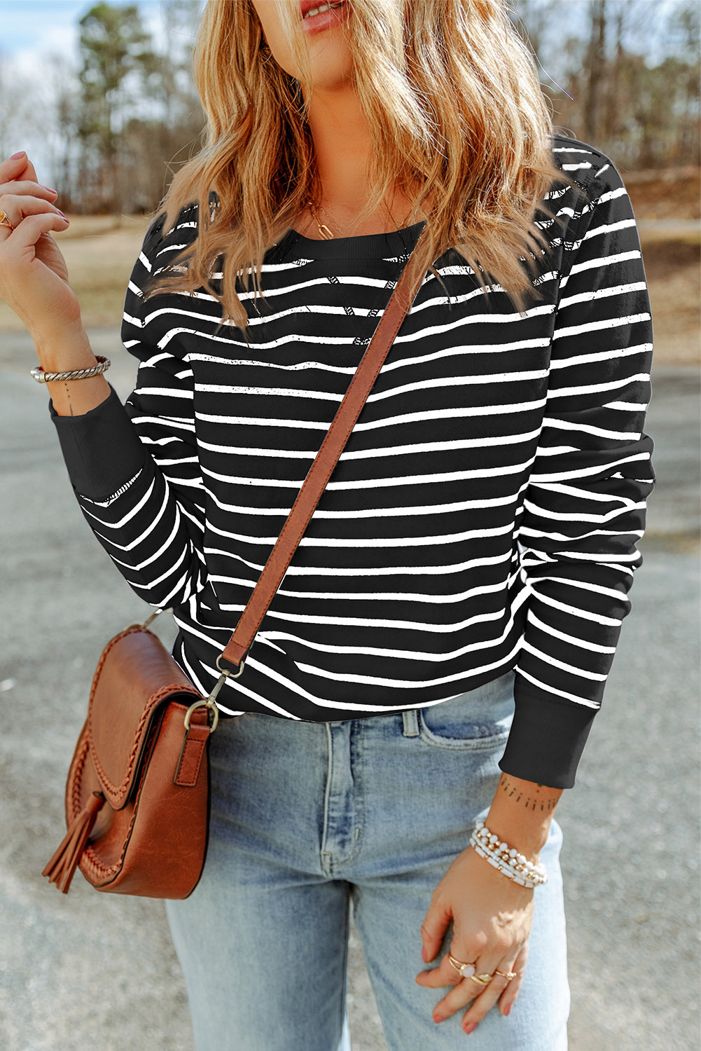 Striped Round Neck Long Sleeve Sweatshirt