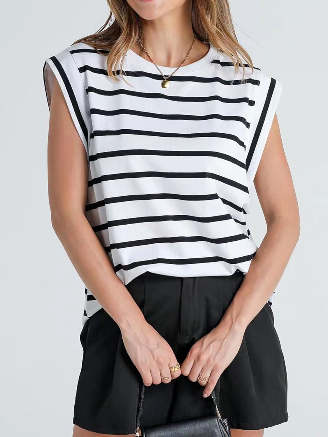 Striped Round Neck Cap Sleeve T-Shirt