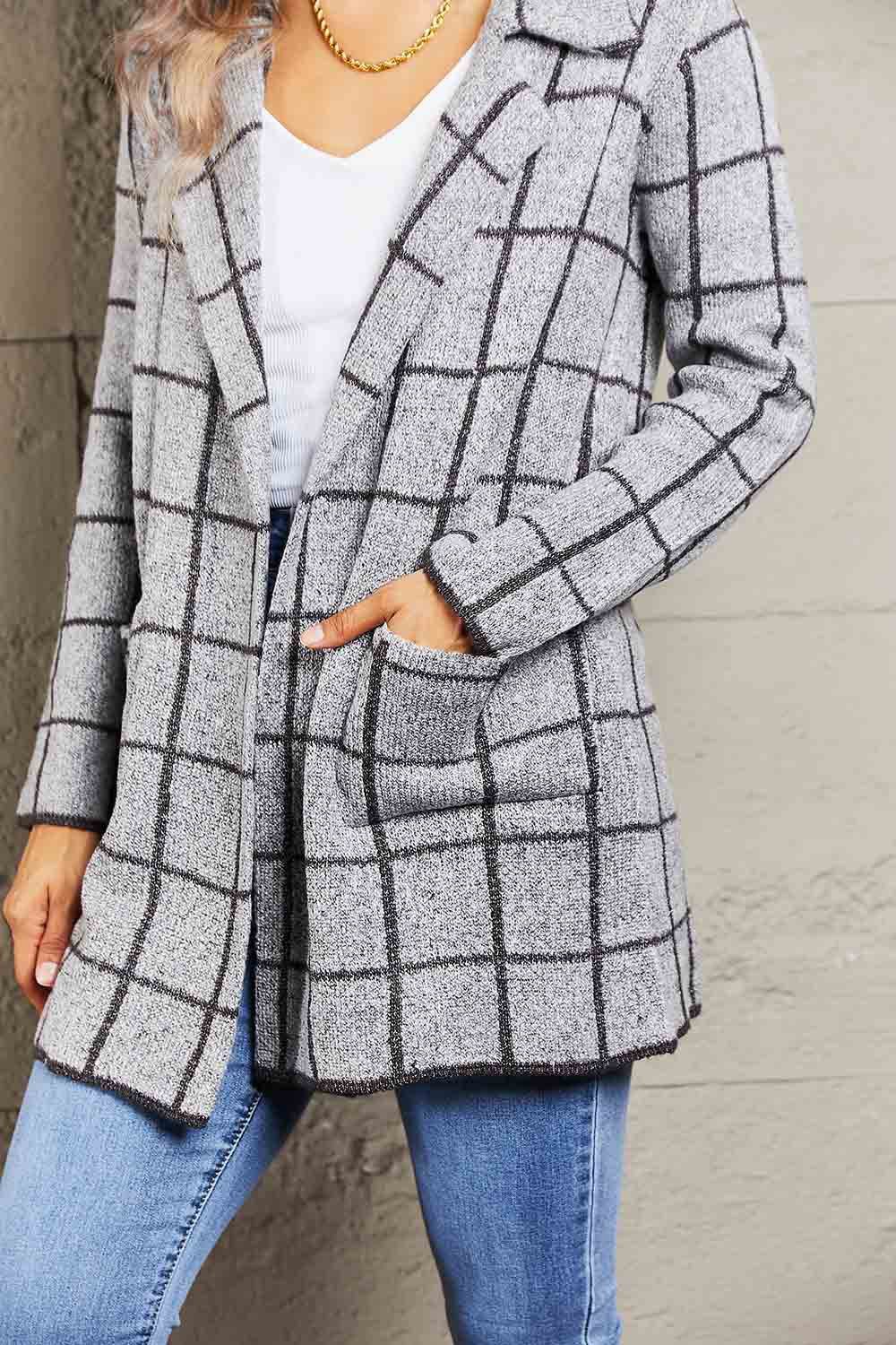 Printed Open Front Lapel Collar Cardigan with Pockets