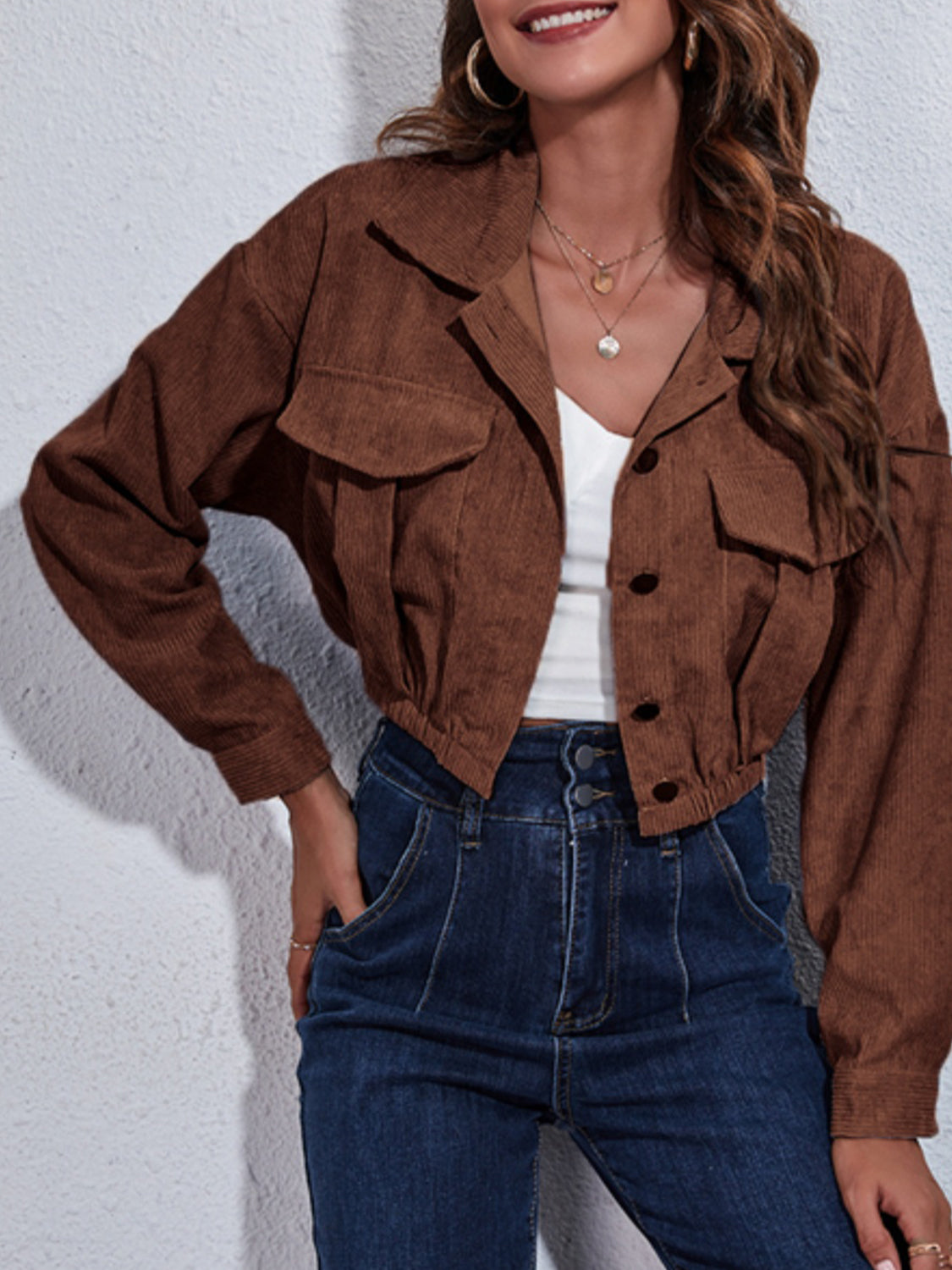 Collared Neck Dropped Shoulder Buttoned Jacket