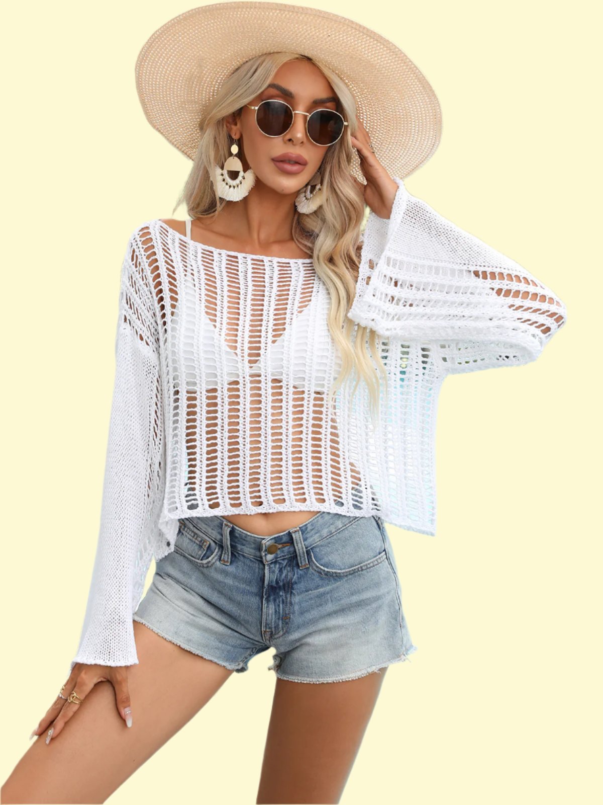 Openwork Boat Neck Long Sleeve Cover Up