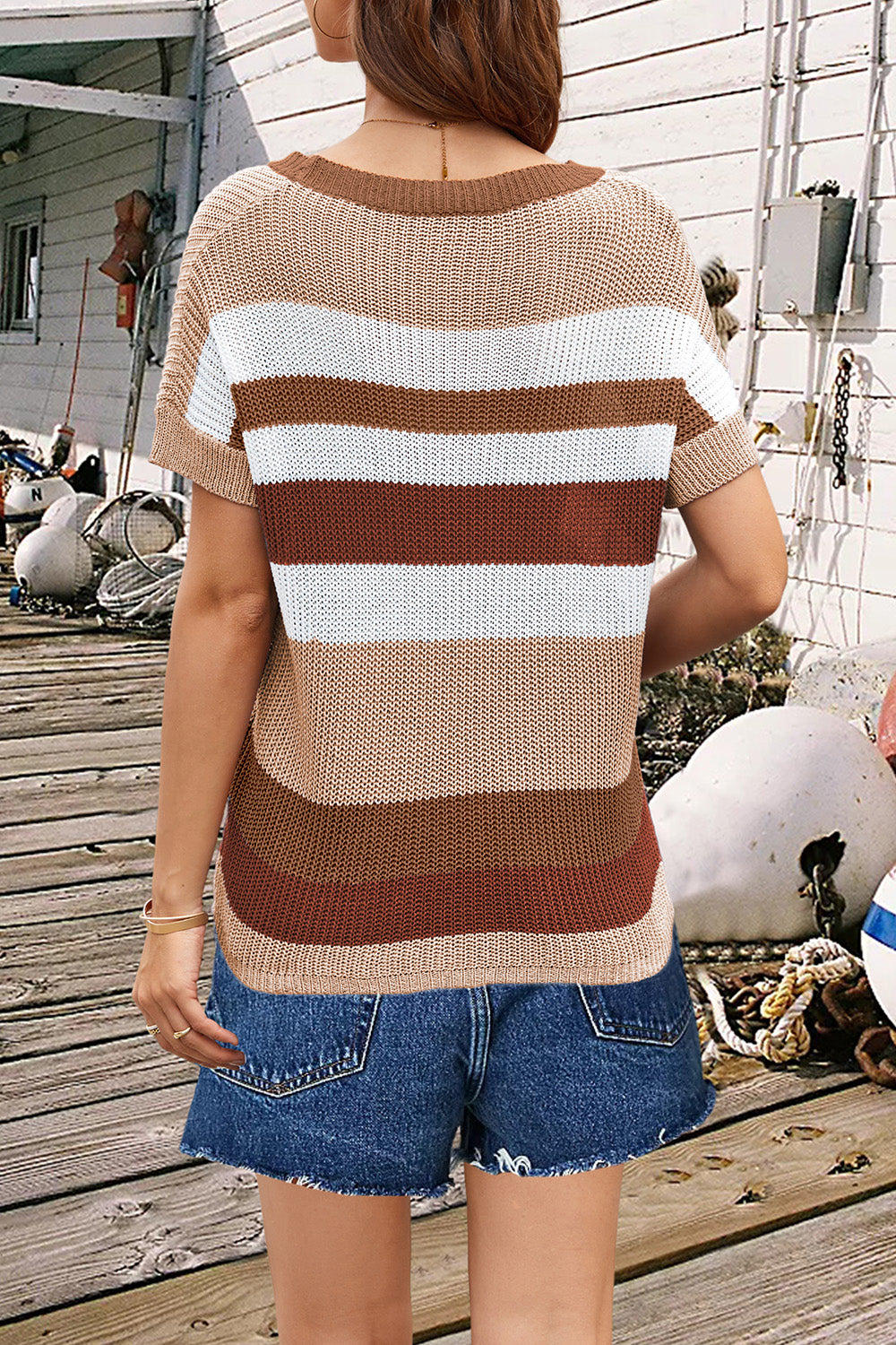 Striped Round Neck Short Sleeve Knit Top