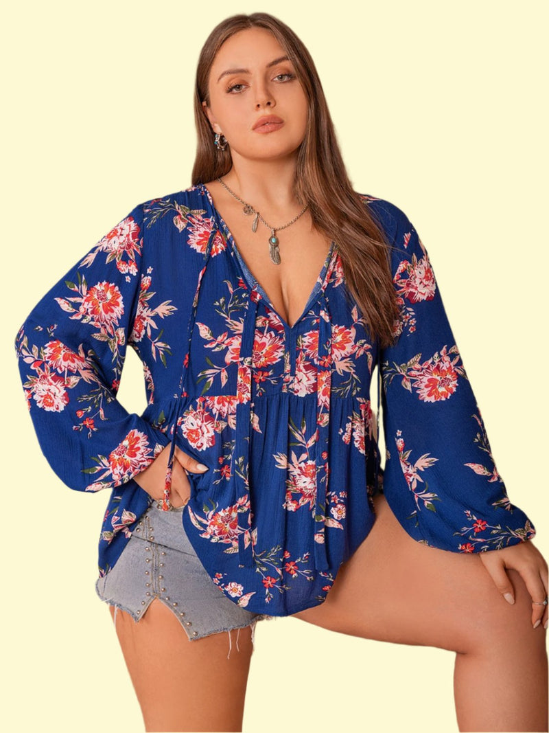 Plus Size Printed Tie Neck Balloon Sleeve Blouse