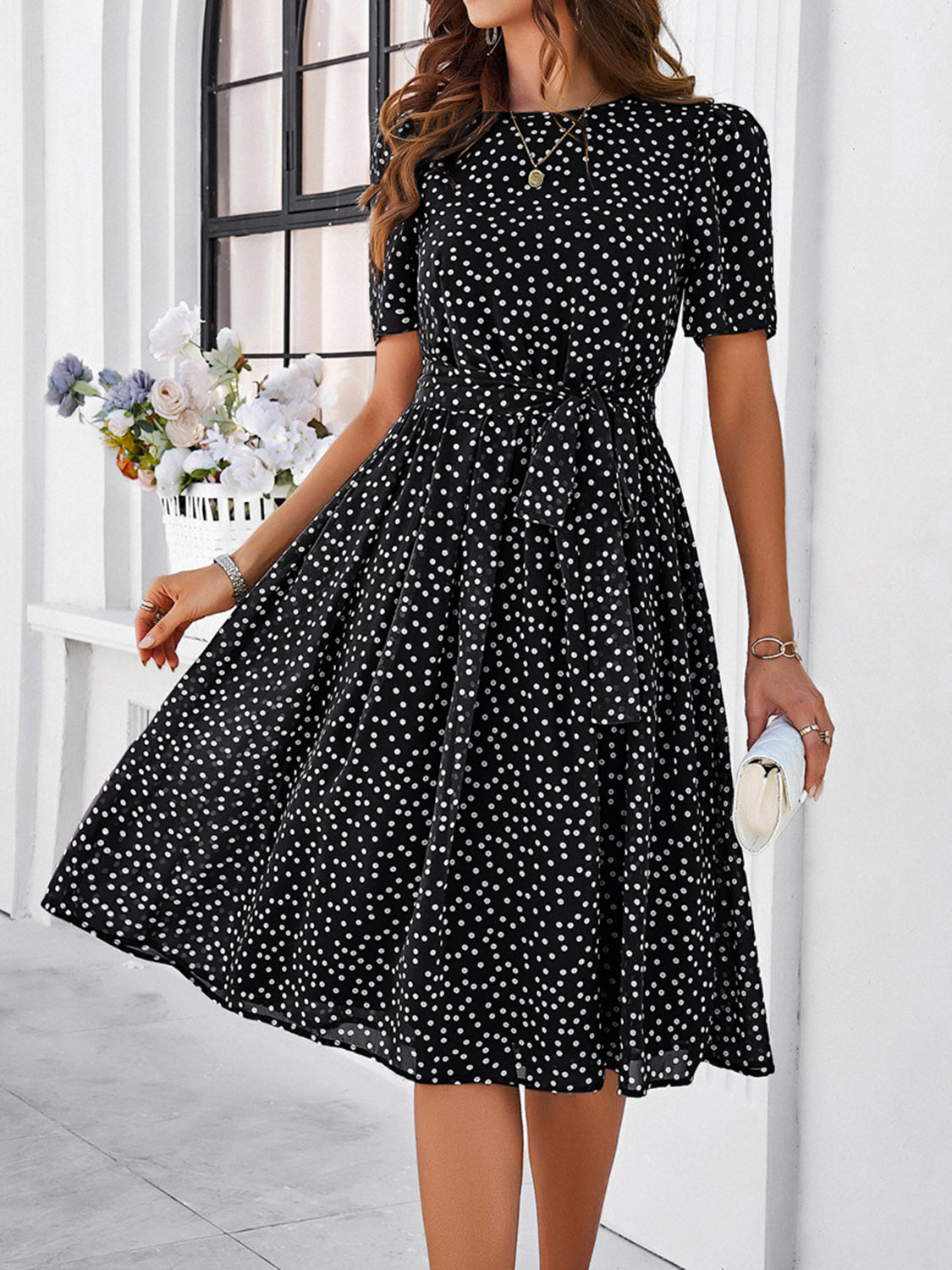 Devine Printed Round Neck Short Sleeve Dress