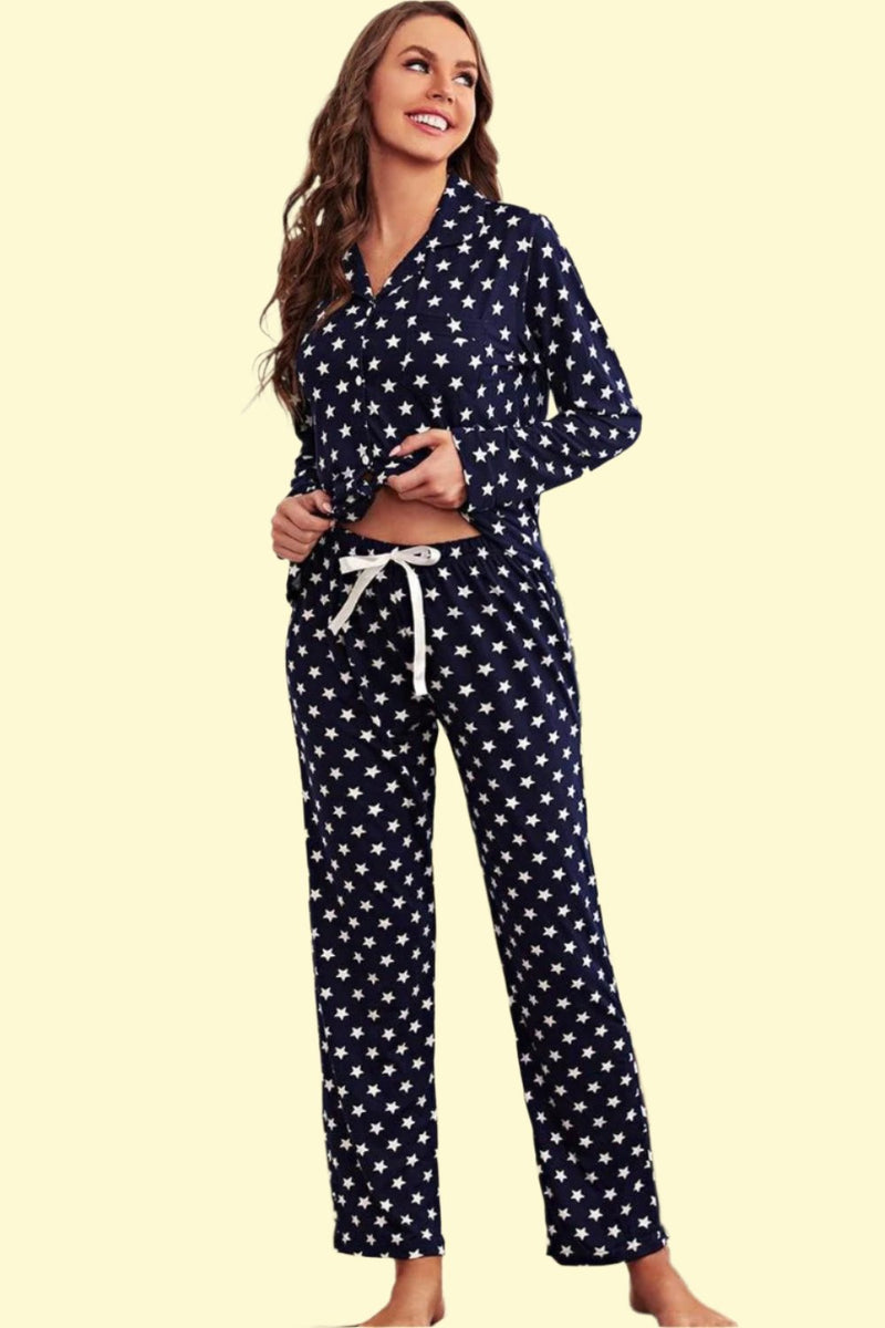 Star Print Button-Up Shirt and Pants Lounge Set