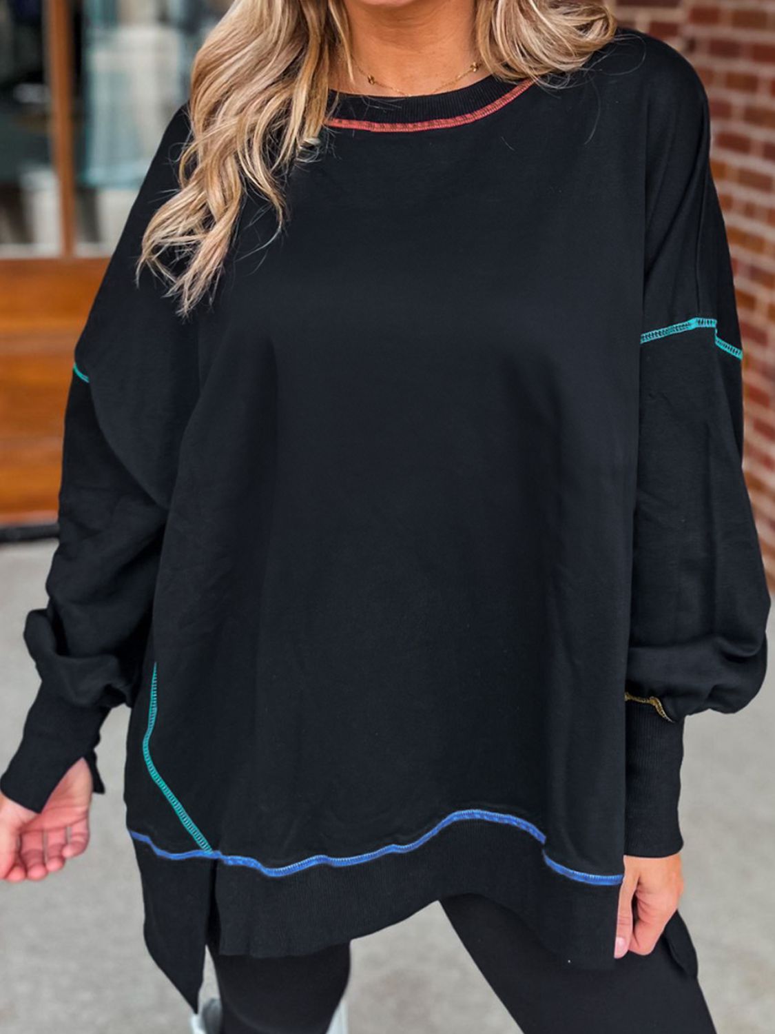 Slit Round Neck Lantern Sleeve Sweatshirt