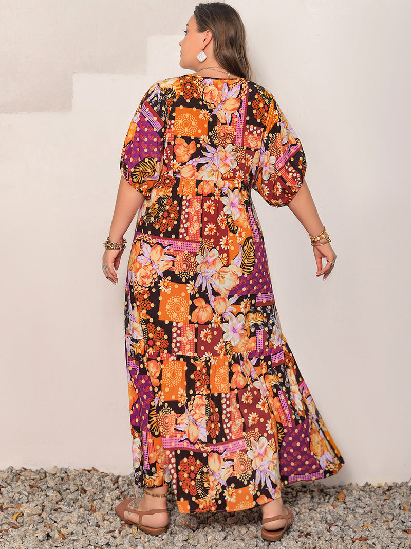 Plus Size Printed V-Neck Half Sleeve Maxi Dress