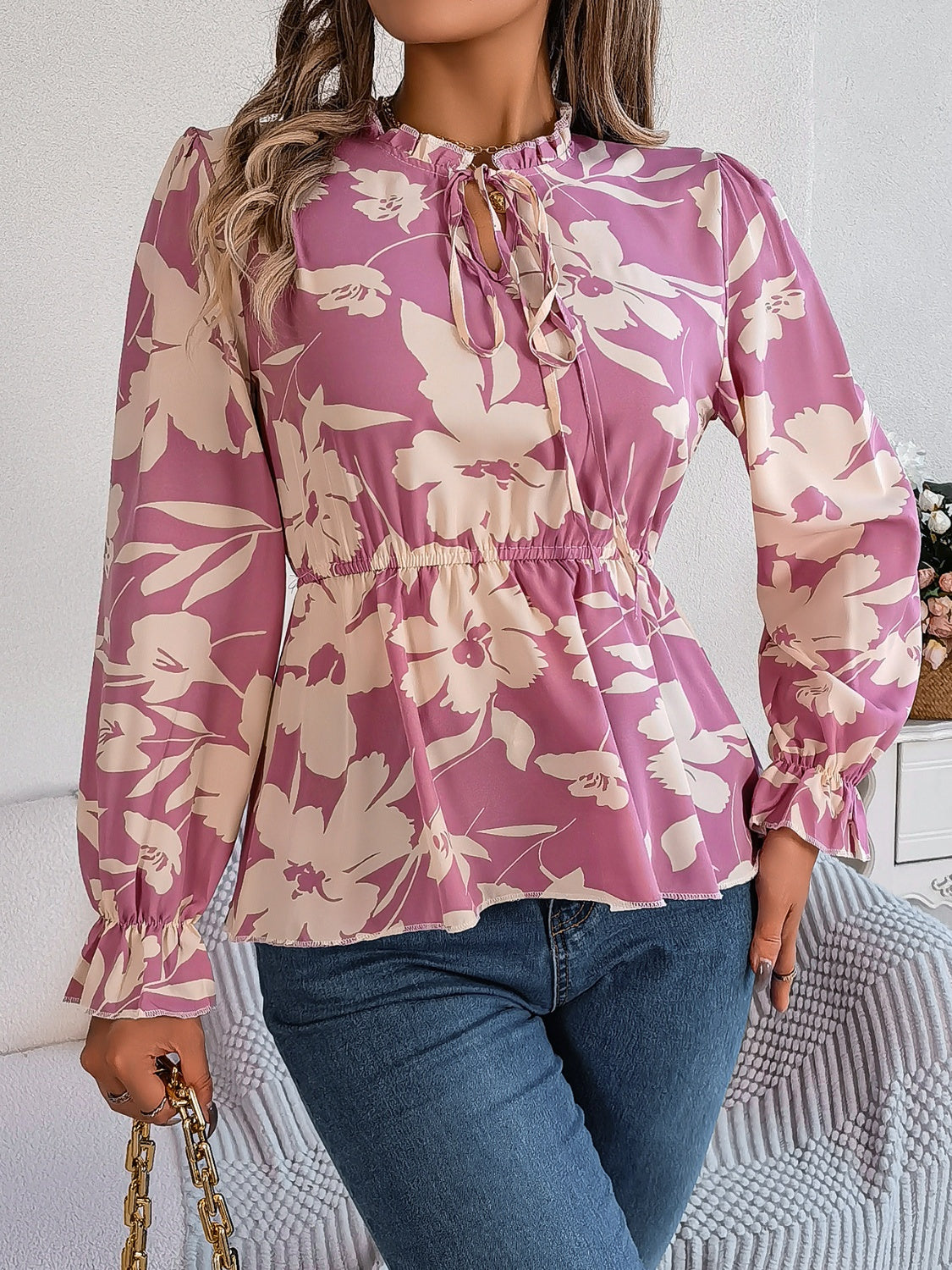 Printed Tie Neck Flounce Sleeve Blouse