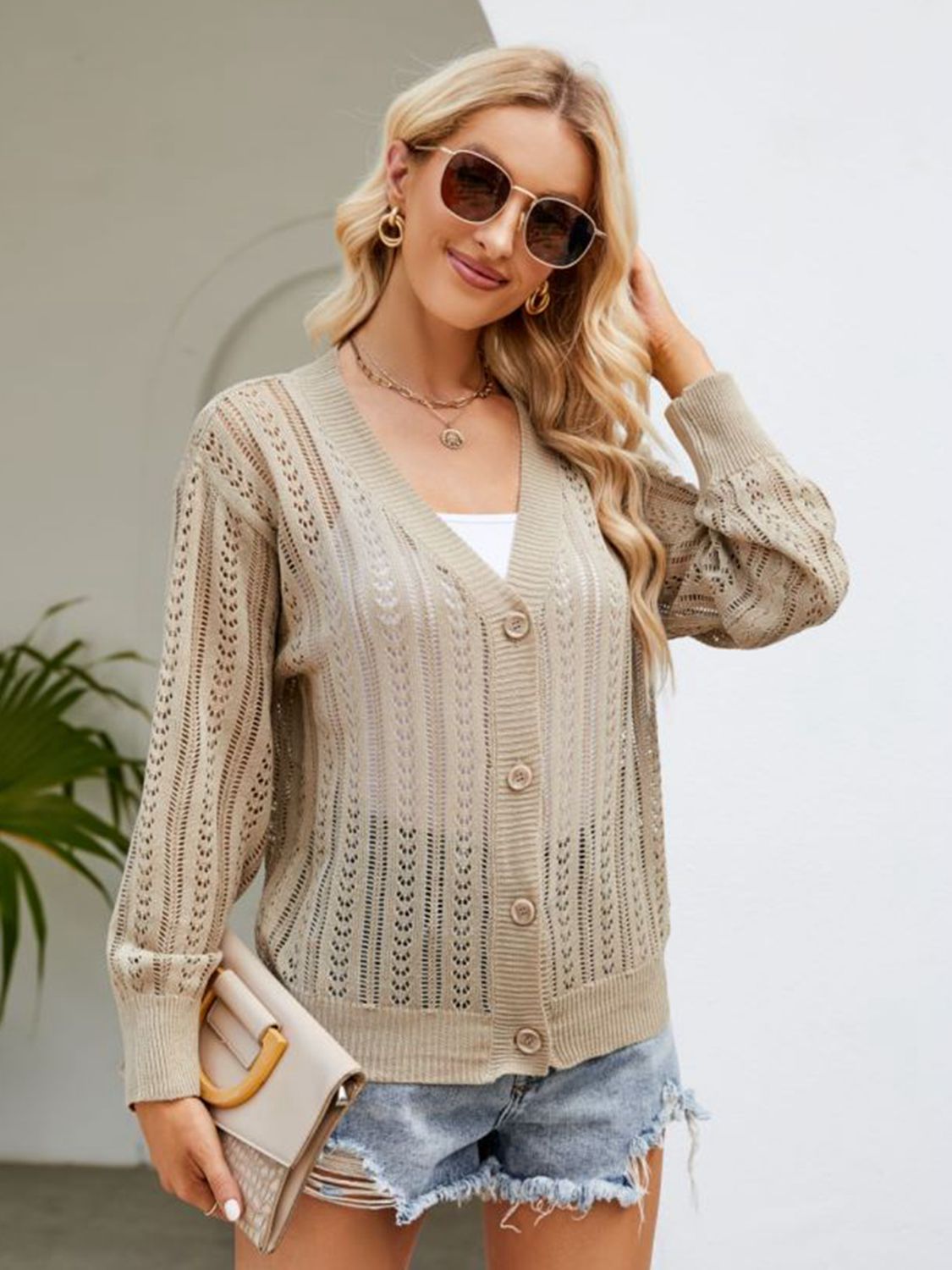 Button Down Ribbed Trim Cardigan