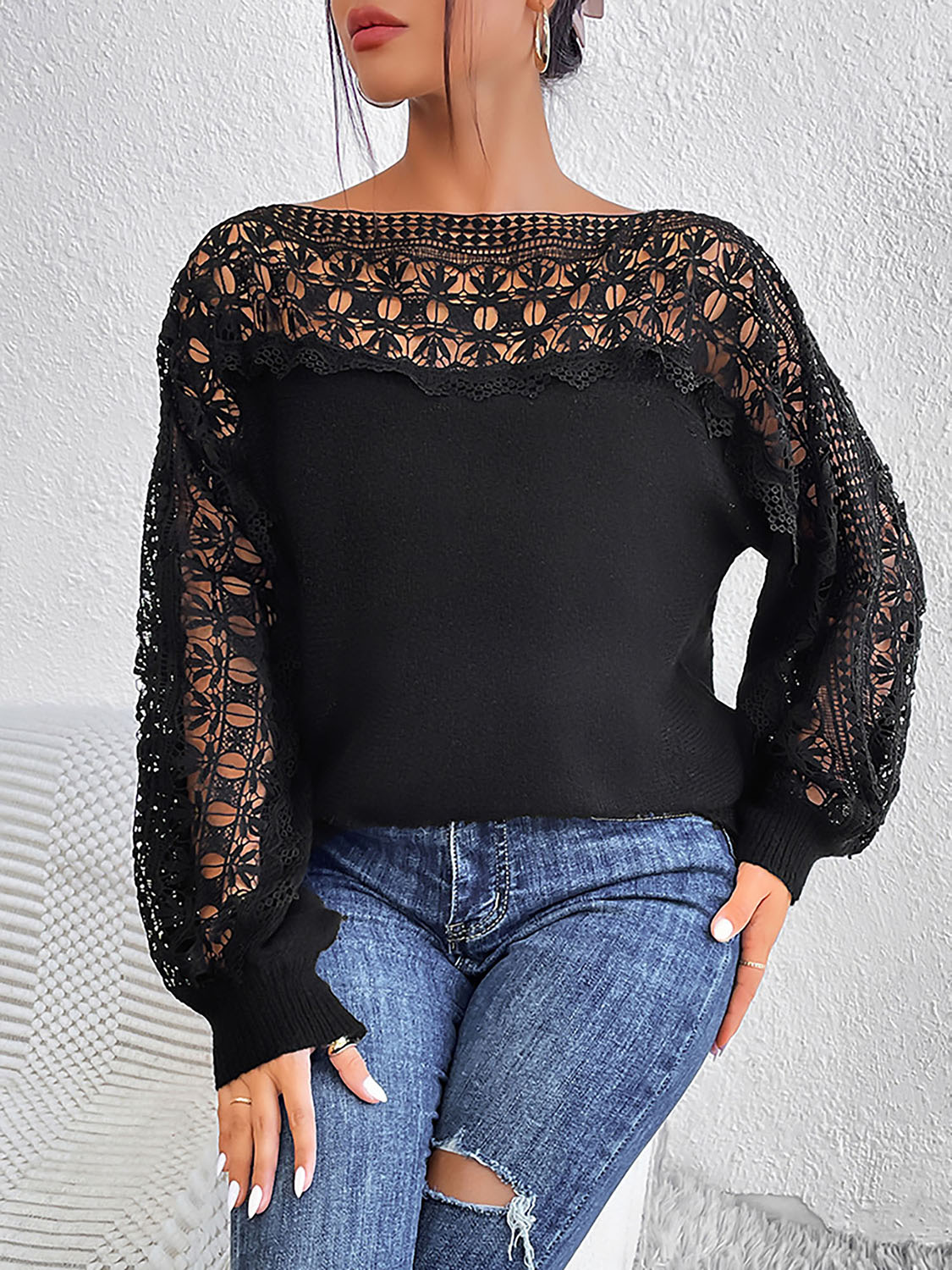 Lace Trim Boat Neck Knit Top