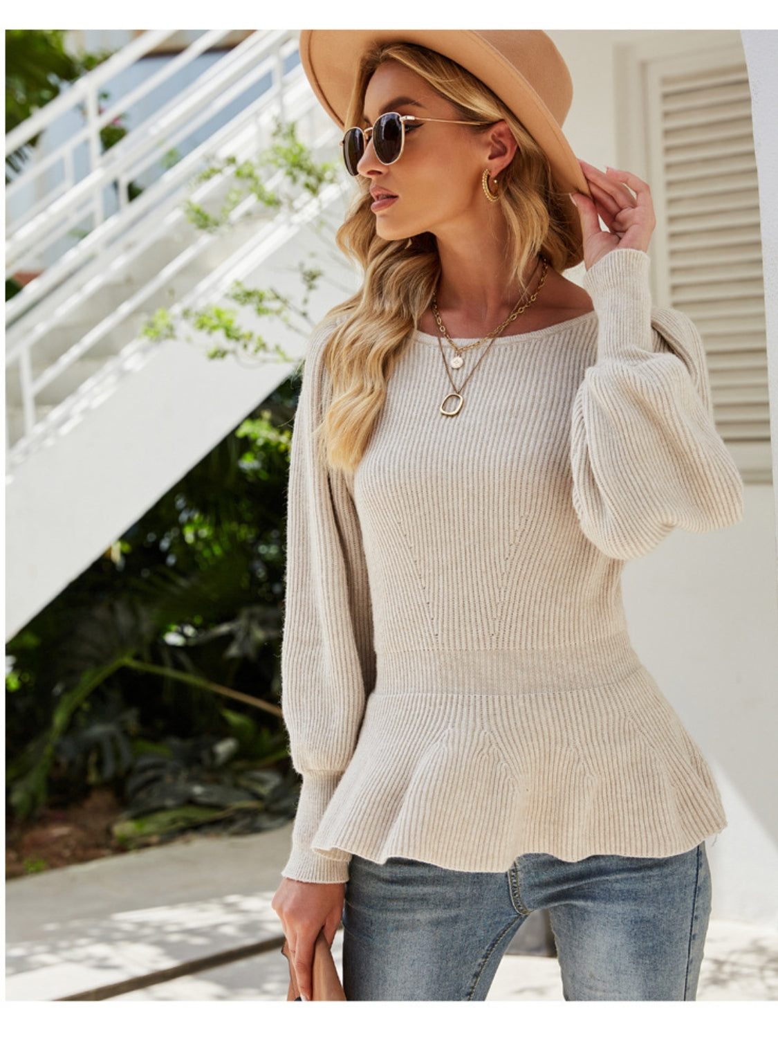 Ribbed Round Neck Lantern Sleeve Sweater