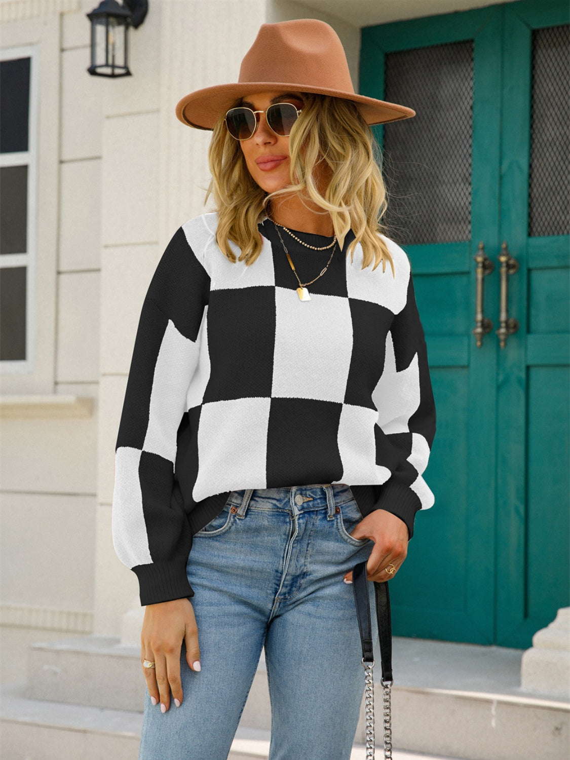 Checkered Round Neck Dropped Shoulder Sweater