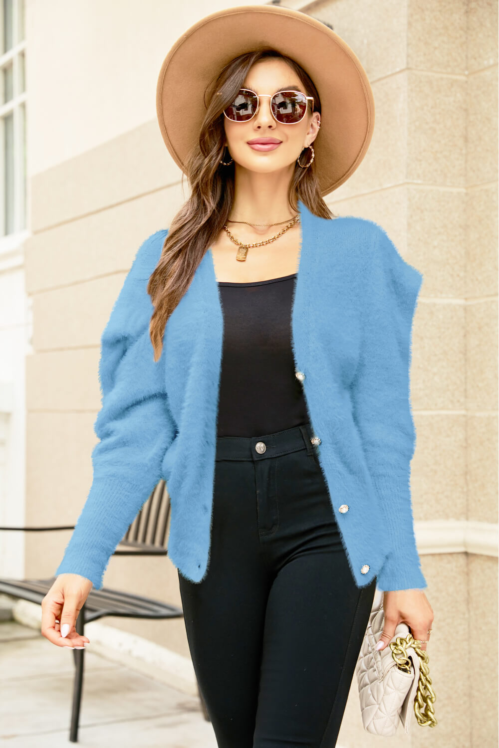 Woven Right Puff Sleeve V-Neck Fuzzy Cardigan