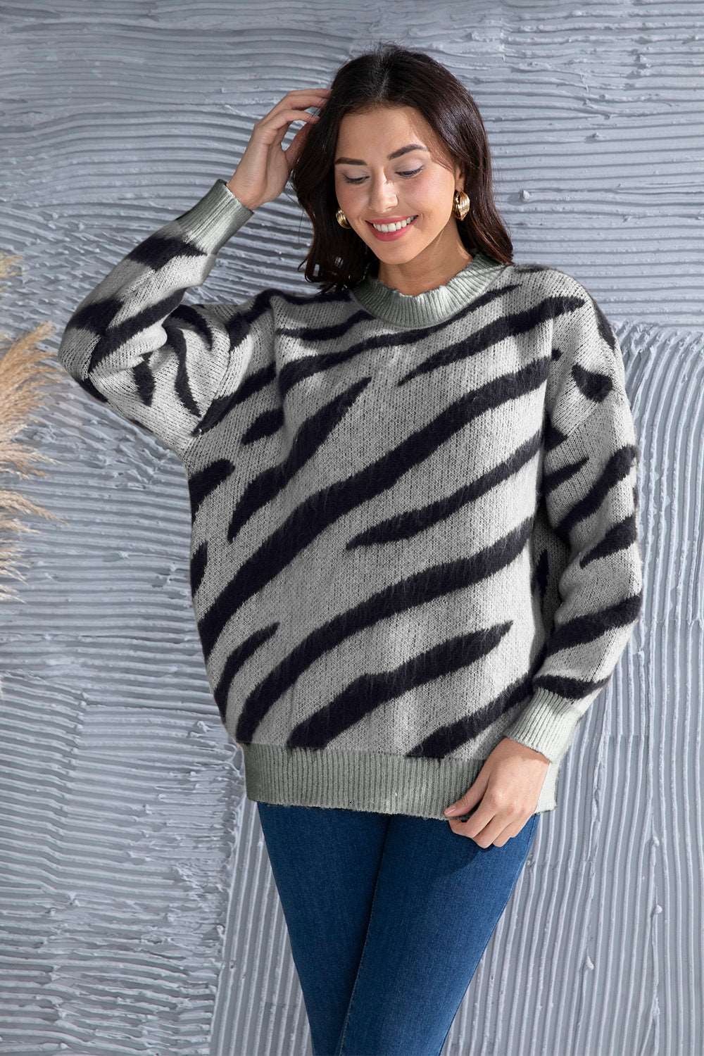 Animal Element Round Neck Dropped Shoulder Sweater