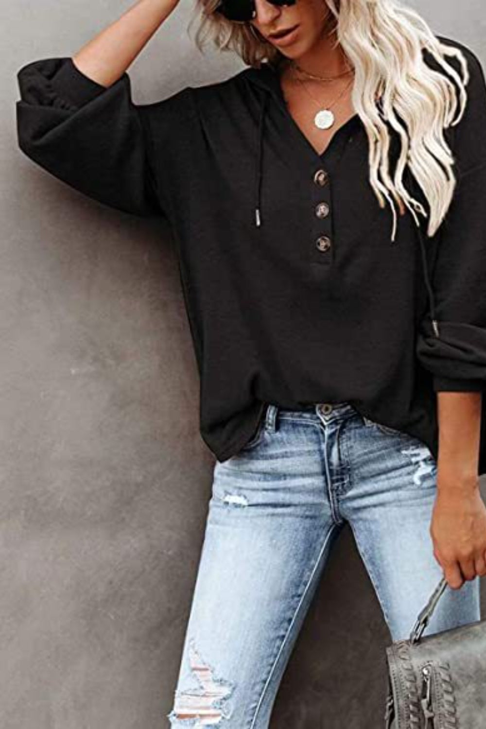 Buttoned Drop Shoulder Hoodie