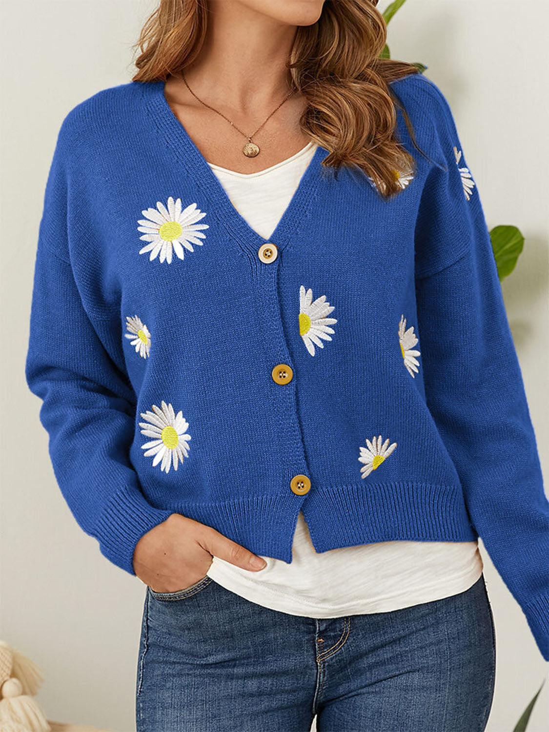 Flower Button Front Dropped Shoulder Cardigan