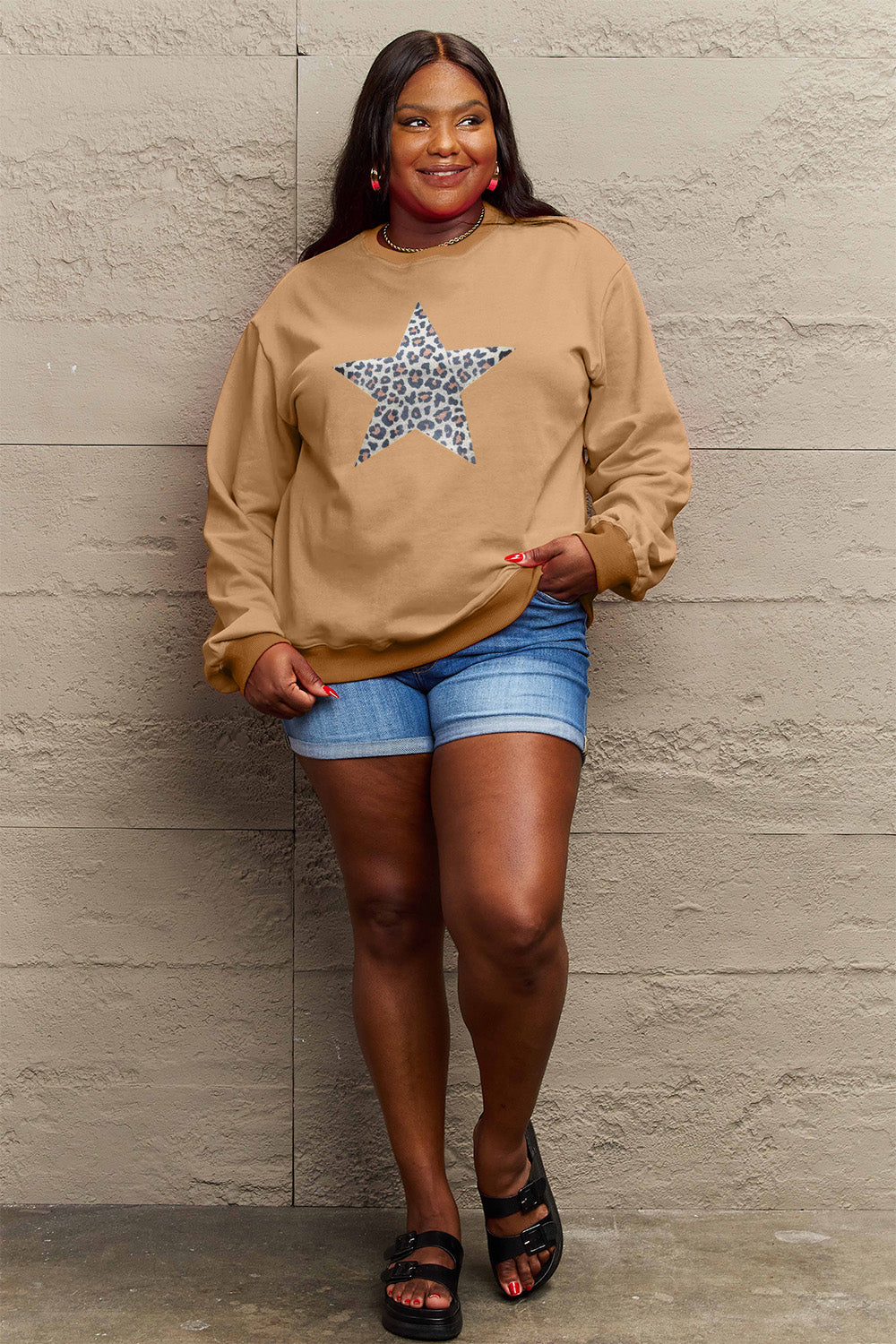 Simply Love Full Size Leopard Star Graphic Sweatshirt