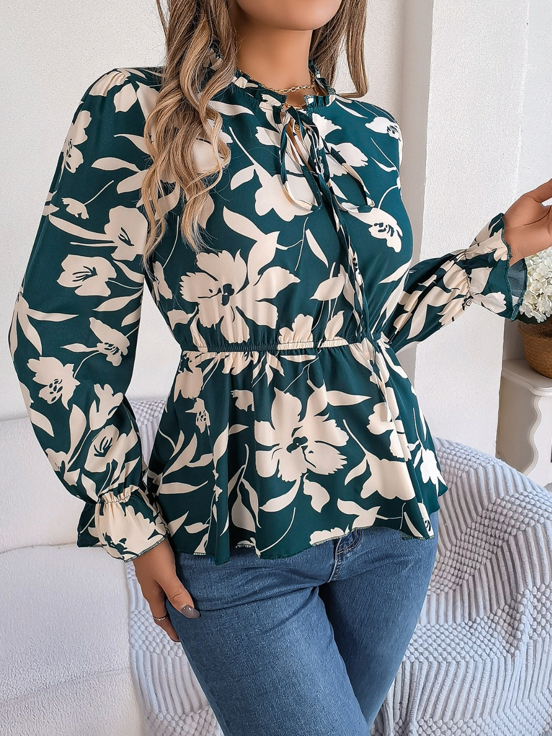 Printed Tie Neck Flounce Sleeve Blouse