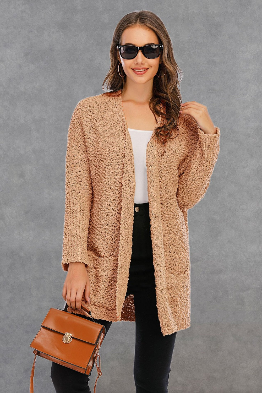 Pocketed Open Front Long Sleeve Cardigan